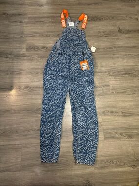 FUBU Blue Denim Overalls with White Script and Orange Tag